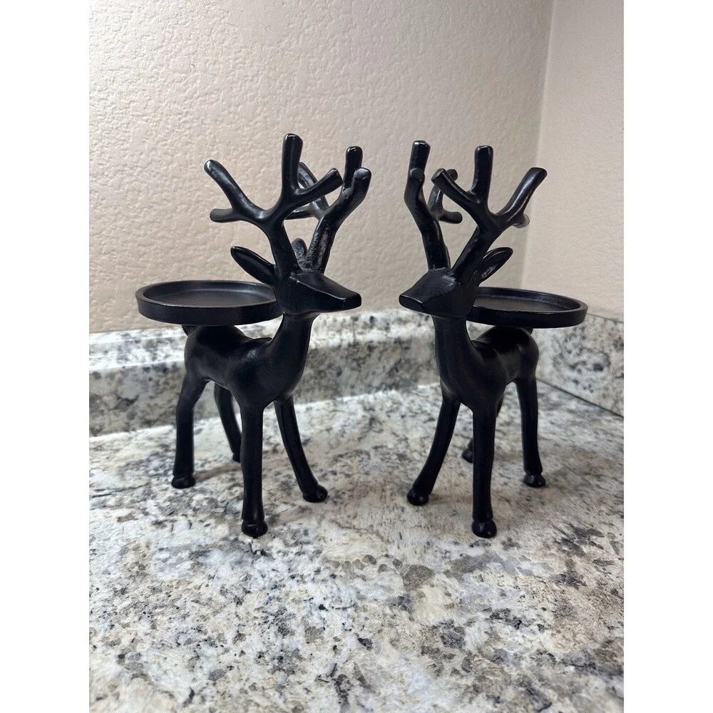 Pair of Black Metal Deer/Elk Candle Holder Stands Rustic 8.5 Inches Tall.